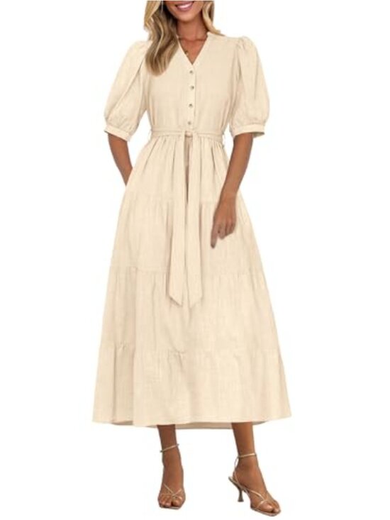 Dresses & Skirts - Flowy A-Line Midi Dress with Belt, Short Sleeve V-Neck Ruffle Beach Vacation